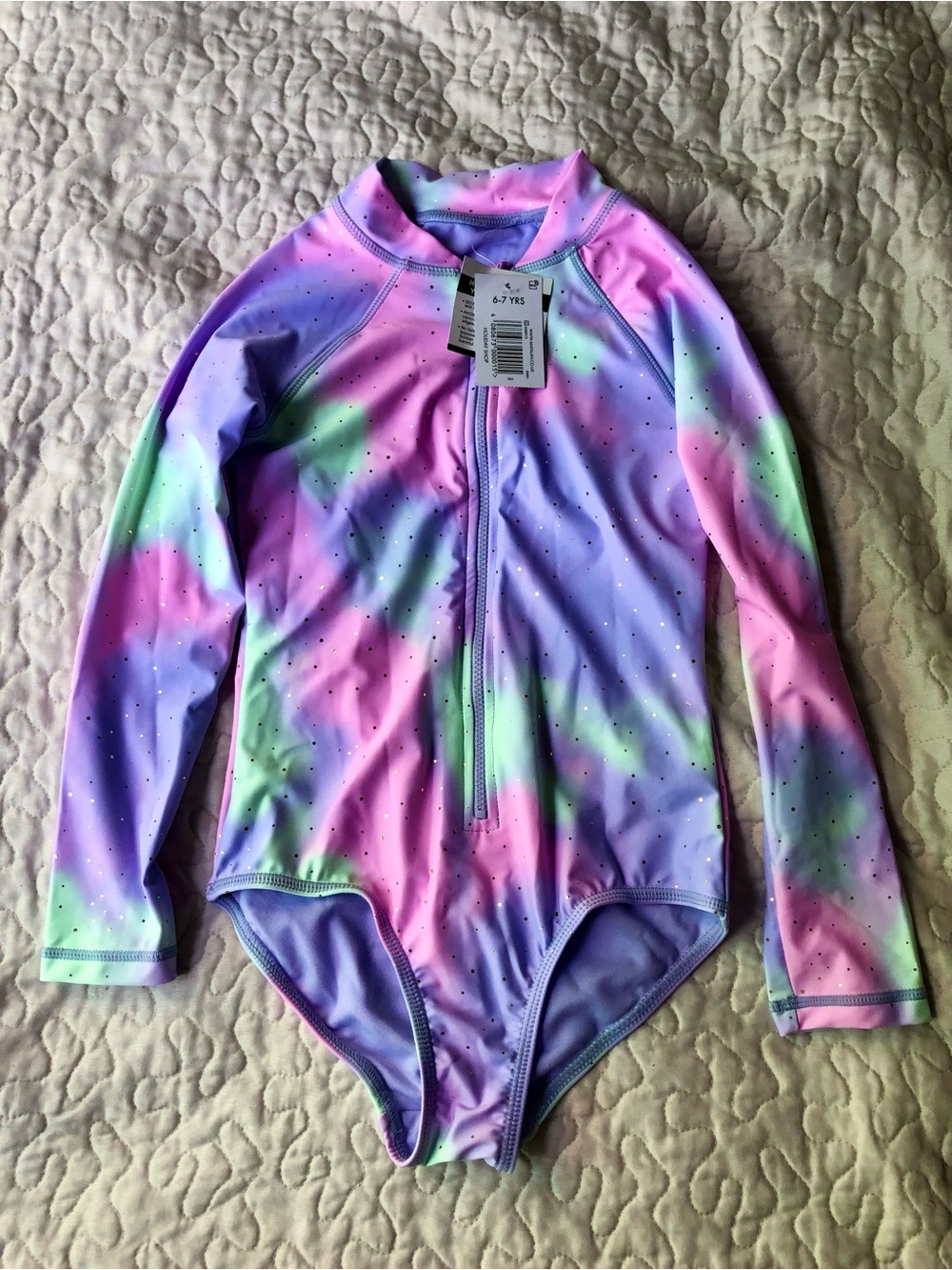 NWT Girls' Long Sleeve Rainbow Tie-Dye One-Piece Swimsuit